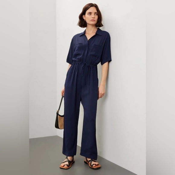 Thakoon Pants - Thakoon Collective Navy blue Short Sleeve Jumpsuit SZ 2 viscose rayon drawstring